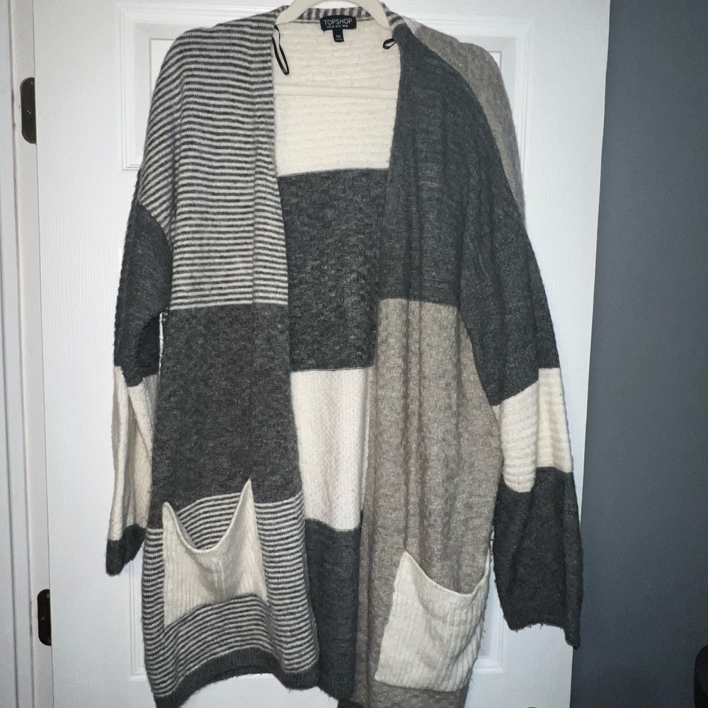Topshop Mixed Print Cardigan Gray charcoal white size 12